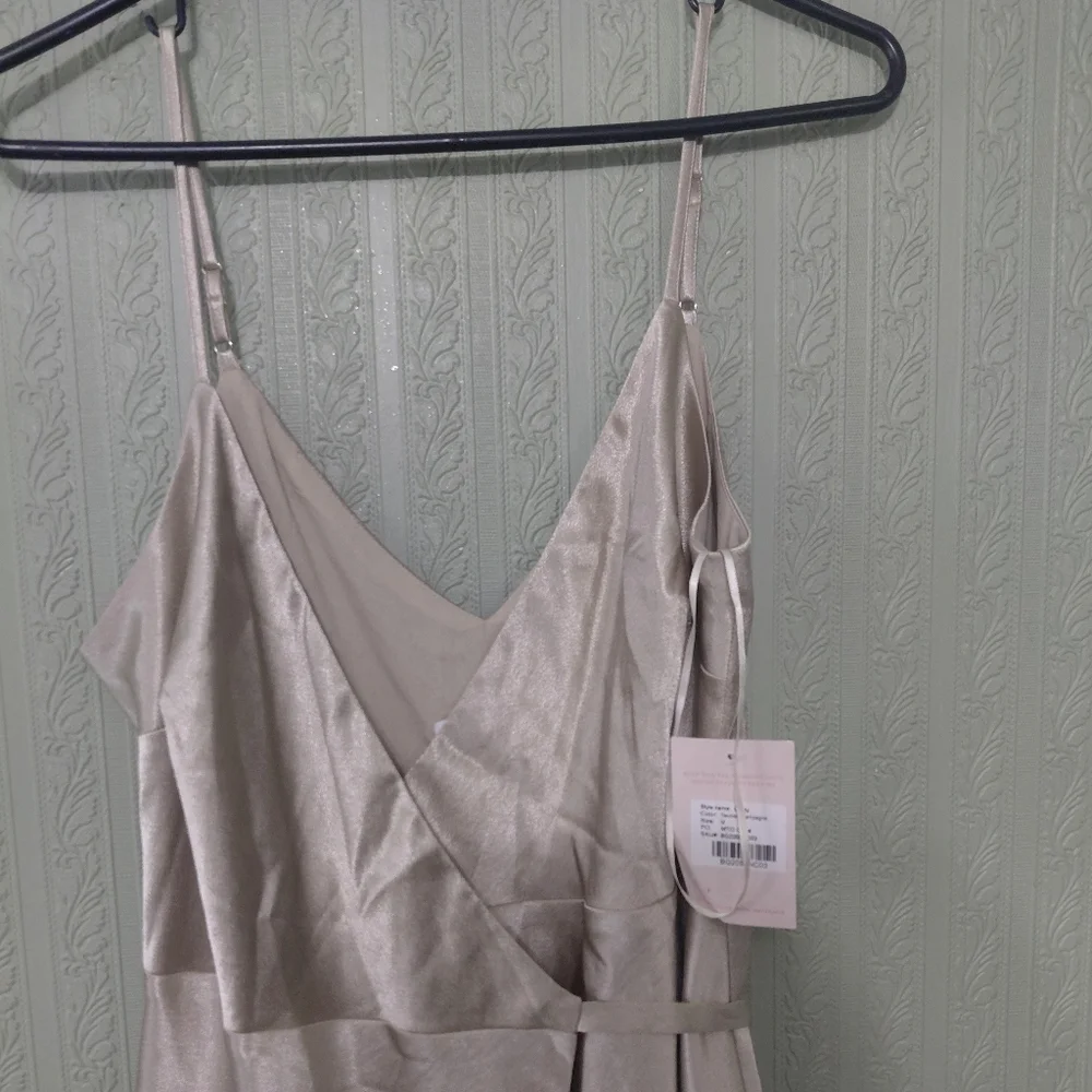 Nwt! BIRDY GREY Cindy Neutral Champagne Brides Maid Wrap Dress Satin Medium - Picture 2 of 8